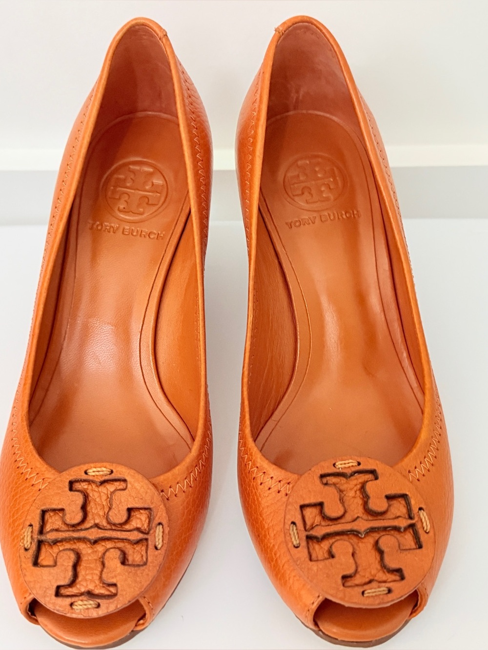 Tory Burch Orange Peep-Toe Wedge Pumps with Logo Medallion - Picture 2 of 2